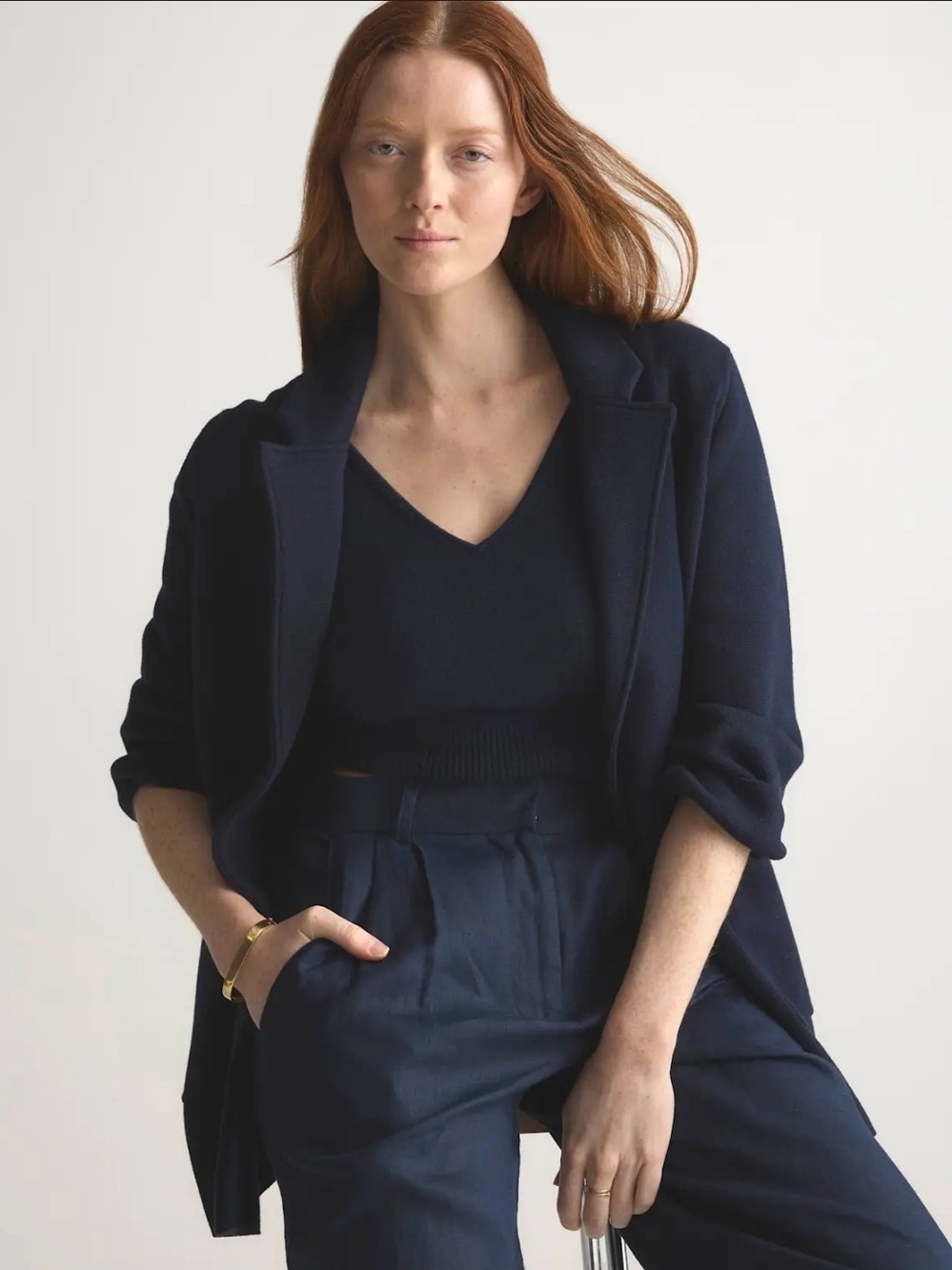 Quince 100% Organic Cotton Knit Blazer Navy Women's Small NWOT